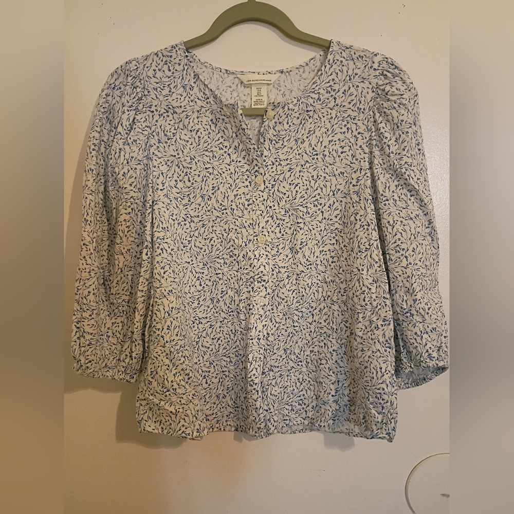 H&M Women's Blue and White Floral‎ Balloon Sleeve Blouse Linen Blend Sz M